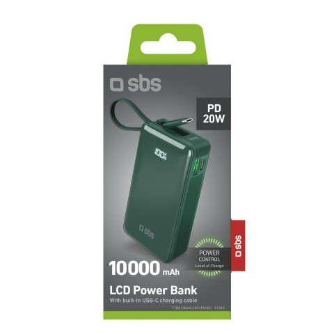 
10000mAh USB-A/ C išorinė baterija su integruotu ekranu ir 20W USB-C laidu – žalia
