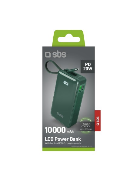 
10000mAh USB-A/ C išorinė baterija su integruotu ekranu ir 20W USB-C laidu – žalia
