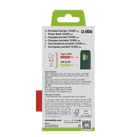 
10000mAh USB-A/ C išorinė baterija su integruotu ekranu ir 20W USB-C laidu – žalia
