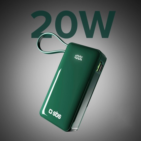 
10000mAh USB-A/ C išorinė baterija su integruotu ekranu ir 20W USB-C laidu – žalia
