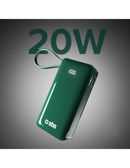 
10000mAh USB-A/ C išorinė baterija su integruotu ekranu ir 20W USB-C laidu – žalia
