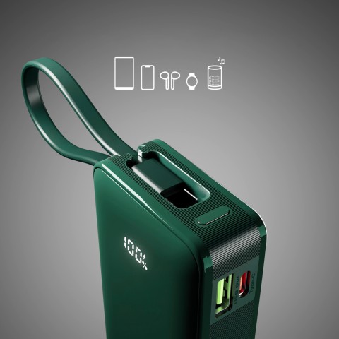 
10000mAh USB-A/ C išorinė baterija su integruotu ekranu ir 20W USB-C laidu – žalia
