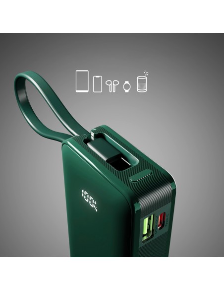 
10000mAh USB-A/ C išorinė baterija su integruotu ekranu ir 20W USB-C laidu – žalia
