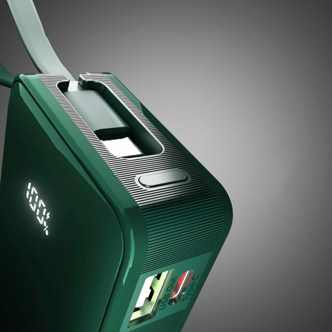 
10000mAh USB-A/ C išorinė baterija su integruotu ekranu ir 20W USB-C laidu – žalia
