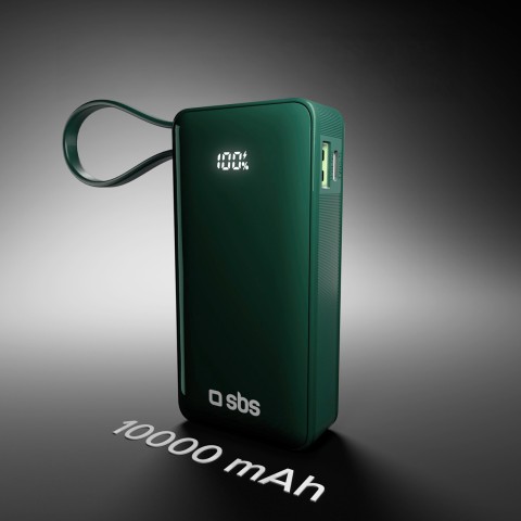
10000mAh USB-A/ C išorinė baterija su integruotu ekranu ir 20W USB-C laidu – žalia
