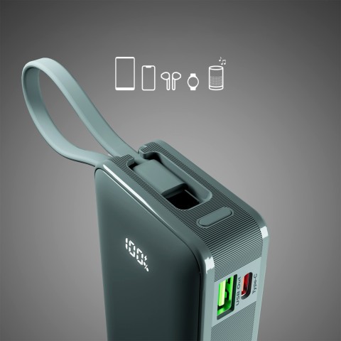 
10000mAh USB-A/ C nešiojama baterija su integruotu ekranu ir 20 W USB-C laidu – pilka
