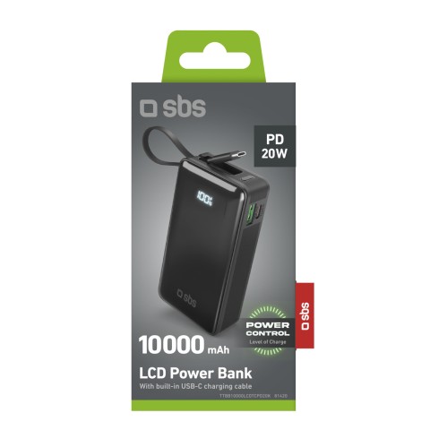 
10000mAh USB-A/ C išorinė baterija su integruotu ekranu ir 20 W USB-C laidu – juoda

