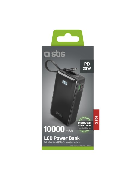
10000mAh USB-A/ C išorinė baterija su integruotu ekranu ir 20 W USB-C laidu – juoda
