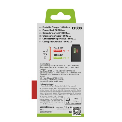 
10000mAh USB-A/ C išorinė baterija su integruotu ekranu ir 20 W USB-C laidu – juoda
