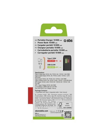 
10000mAh USB-A/ C išorinė baterija su integruotu ekranu ir 20 W USB-C laidu – juoda
