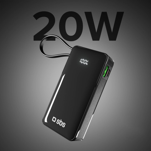 
10000mAh USB-A/ C išorinė baterija su integruotu ekranu ir 20 W USB-C laidu – juoda
