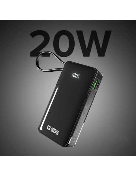 
10000mAh USB-A/ C išorinė baterija su integruotu ekranu ir 20 W USB-C laidu – juoda
