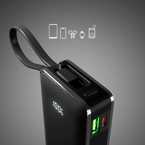 
10000mAh USB-A/ C išorinė baterija su integruotu ekranu ir 20 W USB-C laidu – juoda
