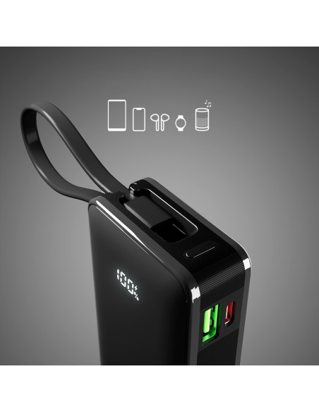 
10000mAh USB-A/ C išorinė baterija su integruotu ekranu ir 20 W USB-C laidu – juoda
