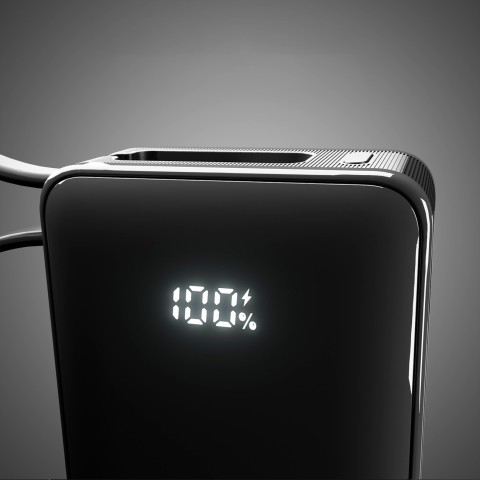 
10000mAh USB-A/ C išorinė baterija su integruotu ekranu ir 20 W USB-C laidu – juoda
