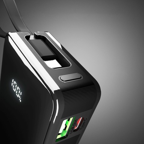 
10000mAh USB-A/ C išorinė baterija su integruotu ekranu ir 20 W USB-C laidu – juoda
