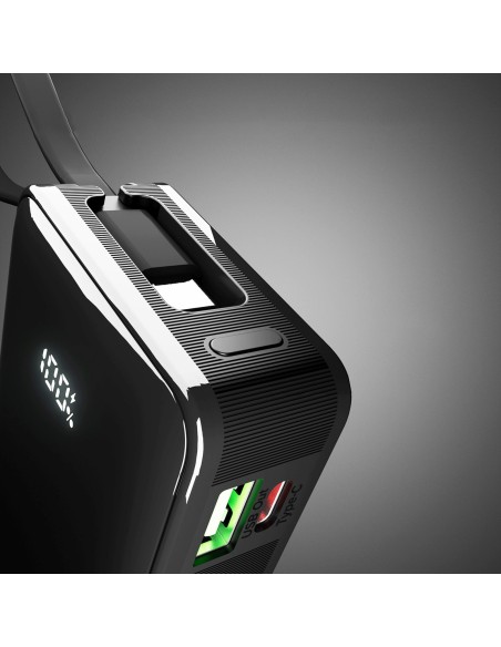 
10000mAh USB-A/ C išorinė baterija su integruotu ekranu ir 20 W USB-C laidu – juoda
