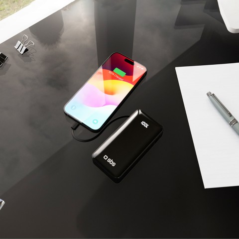 
10000mAh USB-A/ C išorinė baterija su integruotu ekranu ir 20 W USB-C laidu – juoda
