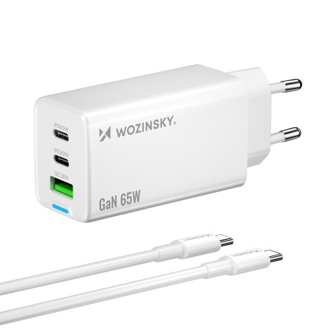 
GaN USB-A USB-C sieninis įkroviklis su 65 W USB-C laidu – baltas
