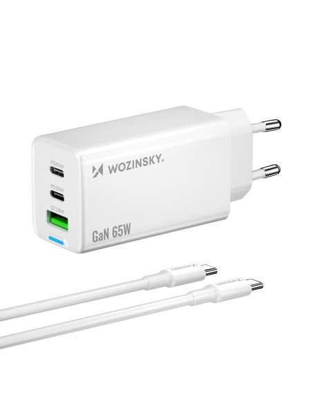 
GaN USB-A USB-C sieninis įkroviklis su 65 W USB-C laidu – baltas
