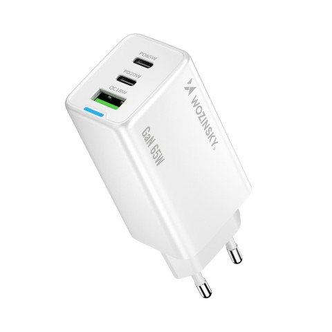 
GaN USB-A USB-C sieninis įkroviklis su 65 W USB-C laidu – baltas
