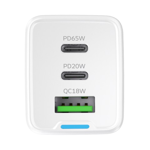 
GaN USB-A USB-C sieninis įkroviklis su 65 W USB-C laidu – baltas
