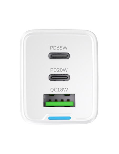 
GaN USB-A USB-C sieninis įkroviklis su 65 W USB-C laidu – baltas
