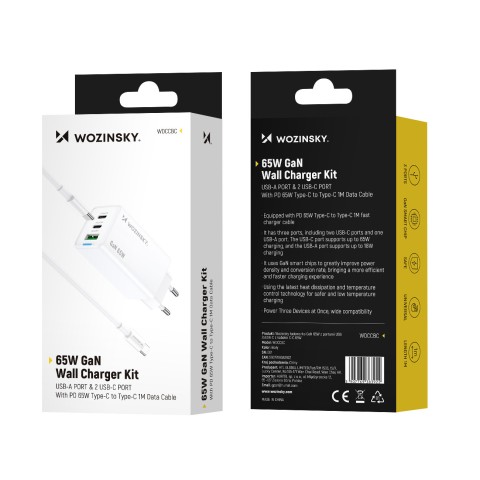 
GaN USB-A USB-C sieninis įkroviklis su 65 W USB-C laidu – baltas
