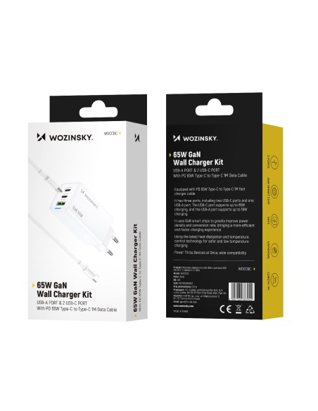 
GaN USB-A USB-C sieninis įkroviklis su 65 W USB-C laidu – baltas
