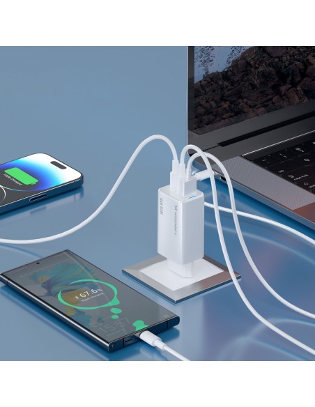 
GaN USB-A USB-C sieninis įkroviklis su 65 W USB-C laidu – baltas
