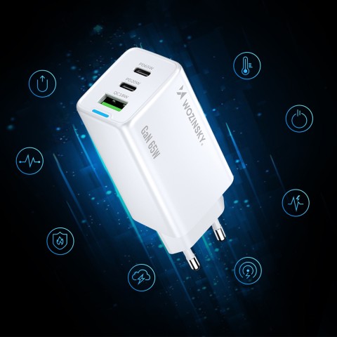 
GaN USB-A USB-C sieninis įkroviklis su 65 W USB-C laidu – baltas

