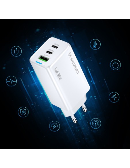 
GaN USB-A USB-C sieninis įkroviklis su 65 W USB-C laidu – baltas
