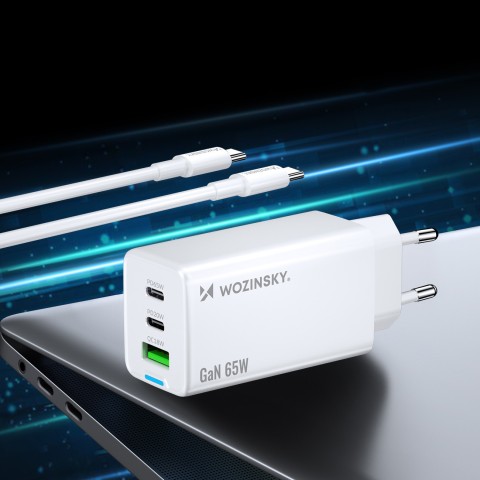 
GaN USB-A USB-C sieninis įkroviklis su 65 W USB-C laidu – baltas
