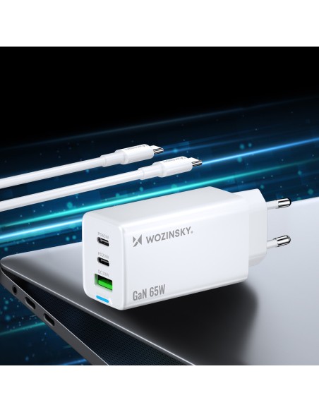
GaN USB-A USB-C sieninis įkroviklis su 65 W USB-C laidu – baltas
