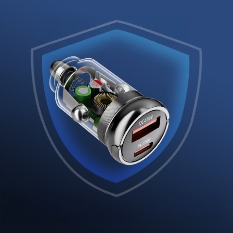 
USB-A USB-C PD QC 65W automobilinis įkroviklis – juodas
