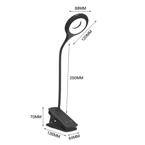 
Mini belaidė LED skaitymo lempa su segtuku ir USB-C laidu, 80 lm – juoda
