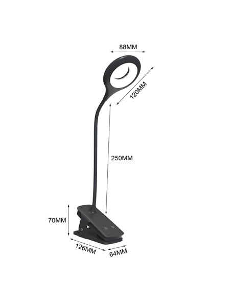 
Mini belaidė LED skaitymo lempa su segtuku ir USB-C laidu, 80 lm – juoda
