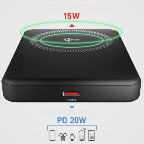 
„Mag Power Qi2 5000 mAh MagSafe USB-C PD 20W“ belaidis įkroviklis – juodas
