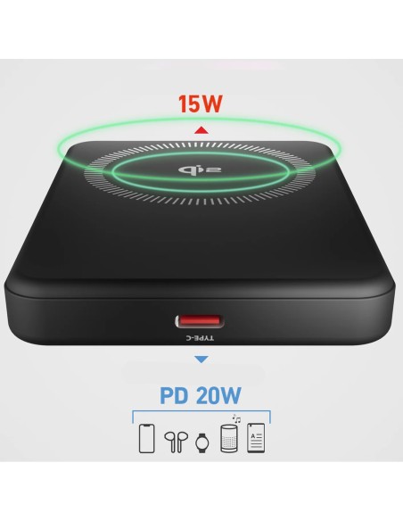 
„Mag Power Qi2 5000 mAh MagSafe USB-C PD 20W“ belaidis įkroviklis – juodas
