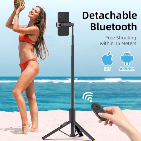 
Sulankstomas asmenukių lazdos trikojis su „Bluetooth“ nuotolinio valdymo pultu, 146 cm
