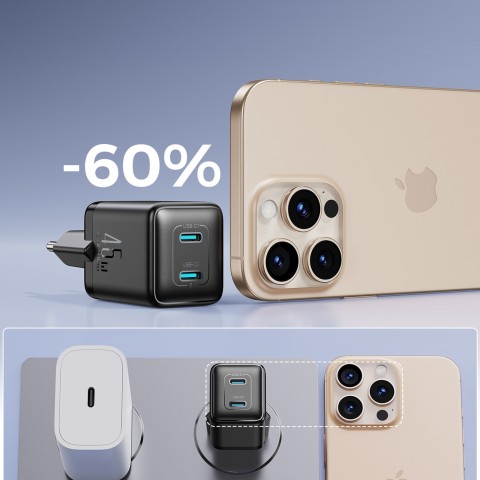 
2x USB-C EU 45W sieninis įkroviklis - juodas
