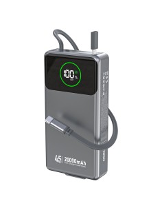 
K31 Pro 20000mAh išorinė baterija su ištraukiamu USB-C laidu, 45W – pilka
