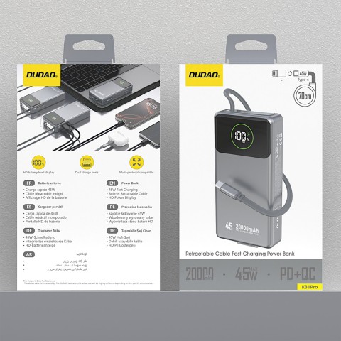 
K31 Pro 20000mAh išorinė baterija su ištraukiamu USB-C laidu, 45W – pilka
