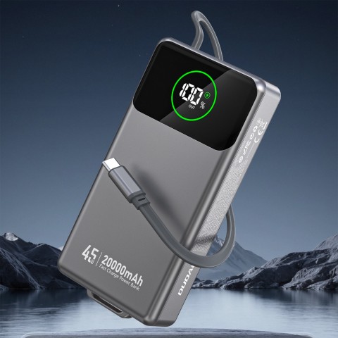 
K31 Pro 20000mAh išorinė baterija su ištraukiamu USB-C laidu, 45W – pilka
