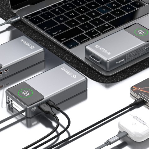 
K31 Pro 20000mAh išorinė baterija su ištraukiamu USB-C laidu, 45W – pilka
