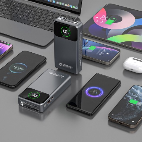 
K31 Pro 20000mAh išorinė baterija su ištraukiamu USB-C laidu, 45W – pilka
