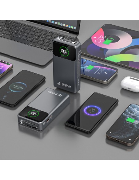 
K31 Pro 20000mAh išorinė baterija su ištraukiamu USB-C laidu, 45W – pilka

