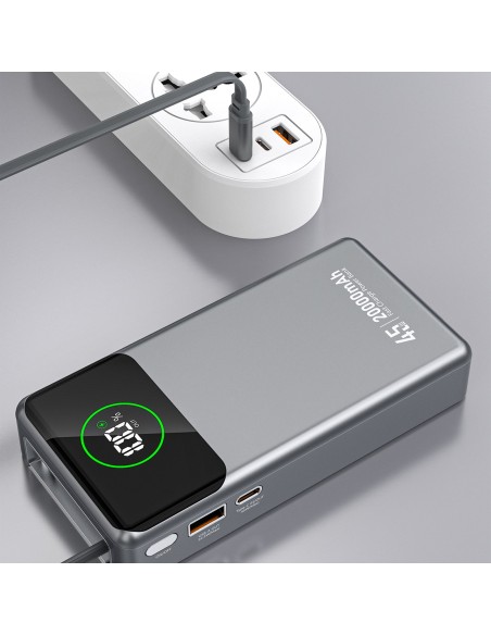 
K31 Pro 20000mAh išorinė baterija su ištraukiamu USB-C laidu, 45W – pilka
