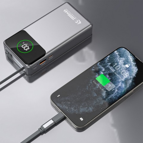 
K31 Pro 20000mAh išorinė baterija su ištraukiamu USB-C laidu, 45W – pilka
