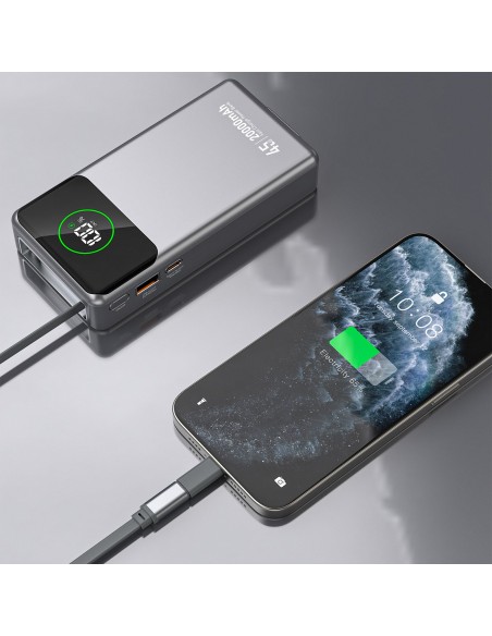 
K31 Pro 20000mAh išorinė baterija su ištraukiamu USB-C laidu, 45W – pilka
